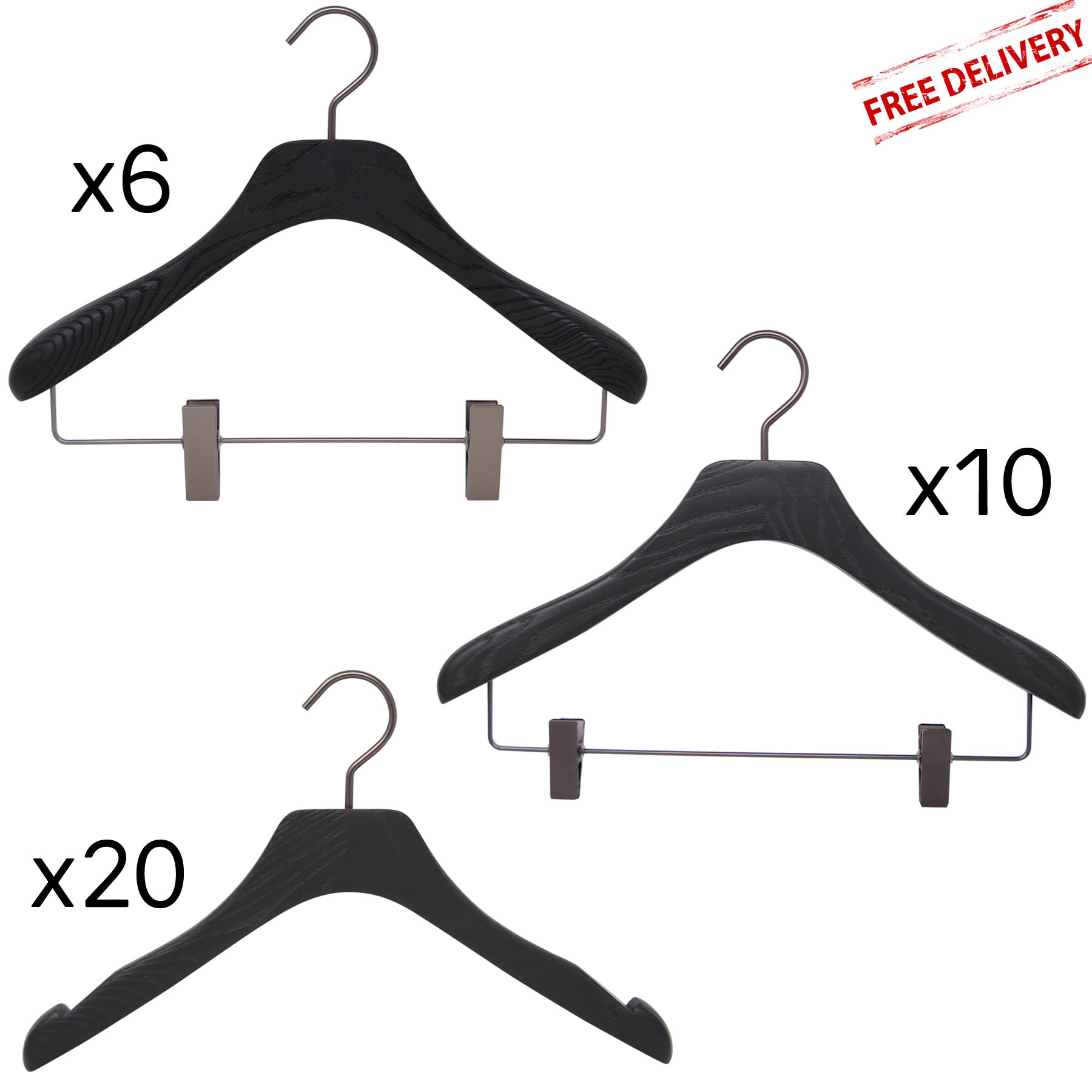 Pack dressing room of 36 wooden hangers for man and woman - black color,  brushed wood 