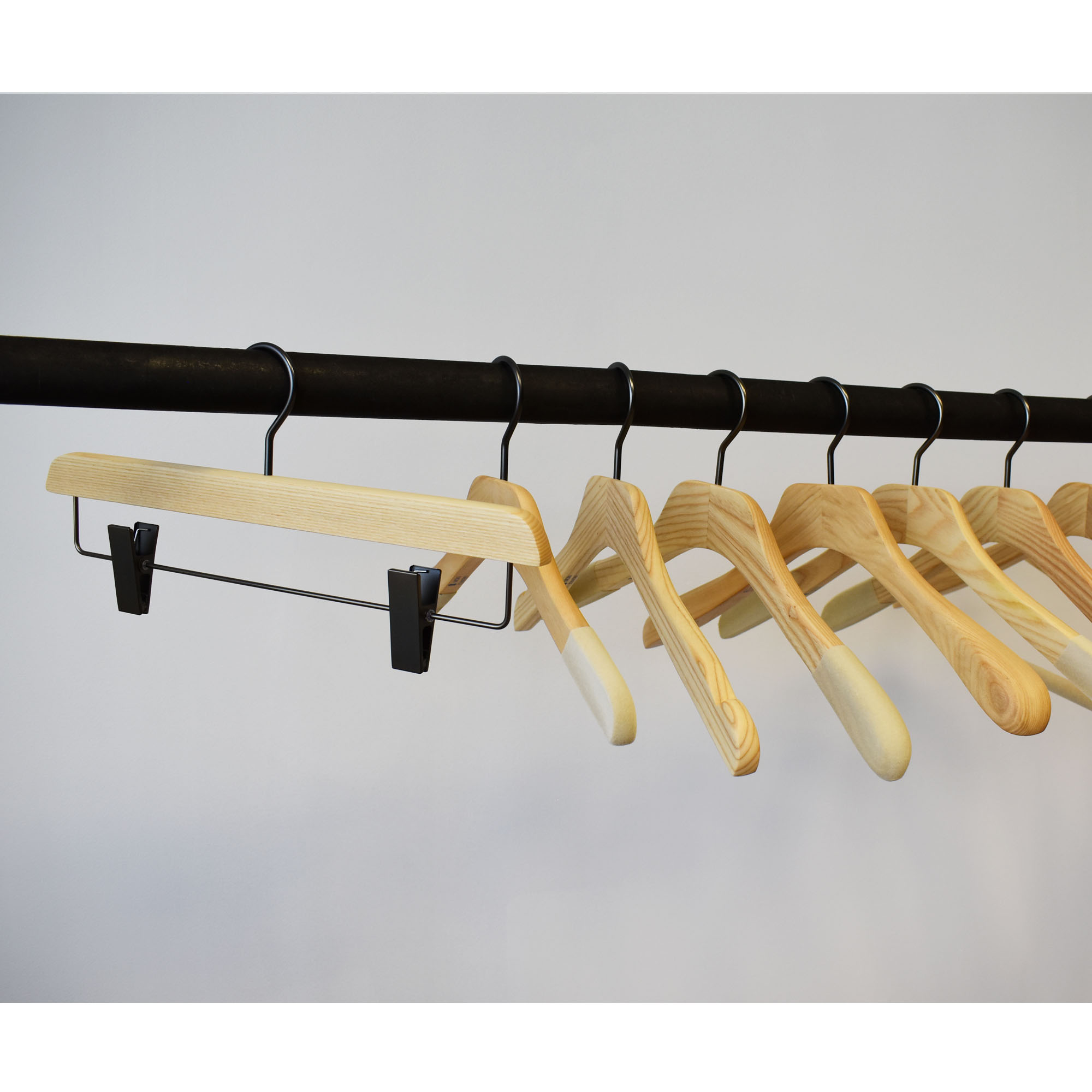 wooden hangers, with clips for skirt and pants