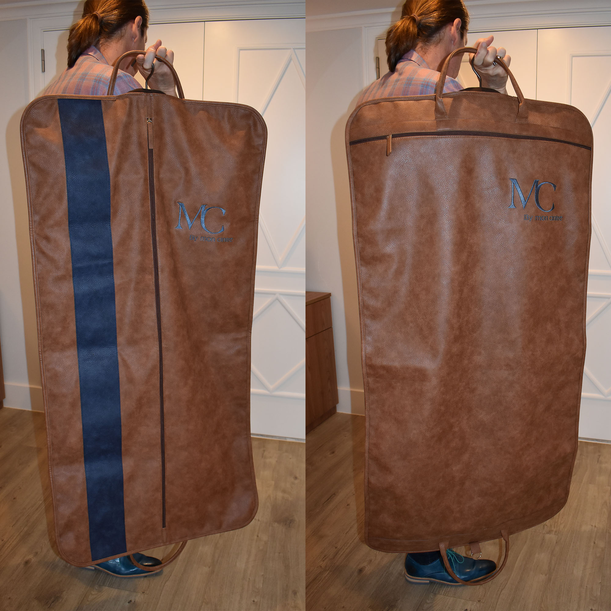 Borsa porta-abiti da viaggio, in similpelle eco-responsabile (detta pelle  vegana) - Colori marrone e blu - Mon-Cintre.com
